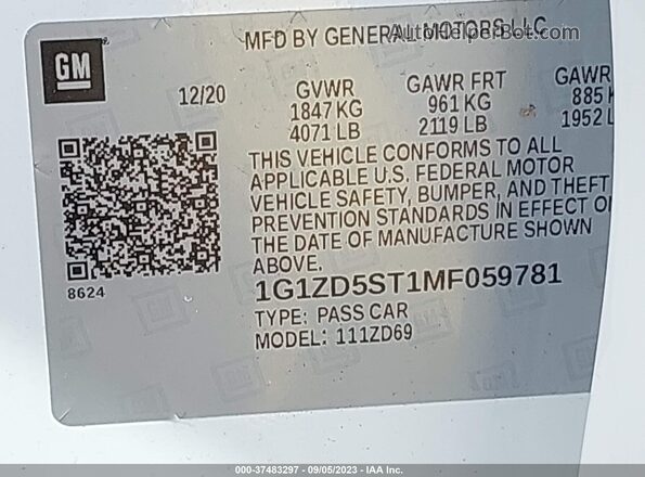 1G1ZD5ST1MF059781 2021 CHEVROLET MALIBU Белый Вид подкапотного пространства