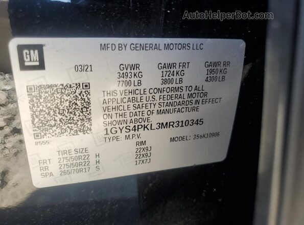 1GYS4PKL3MR310345 2021 CADILLAC ESCALADE Black Вид наклейки з VIN-кодом