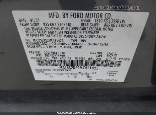 MAJ3S2KE2MC411423 2021 FORD ECOSPORT Серый Вид подкапотного пространства