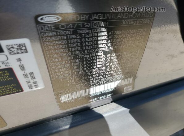 SALGS2SV8KA559265 2019 LAND ROVER RANGE Gray Vista del compartimento del motor