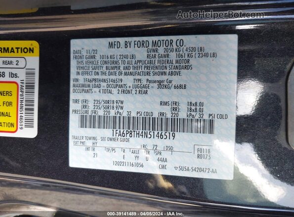 1FA6P8TH4N5146519 2022 FORD MUSTANG Черный Вид подкапотного пространства