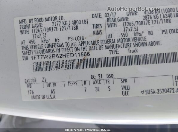 1FT7W2B62HED11566 2017 FORD F-250 White Շարժիչի բաժամունքի տեսք