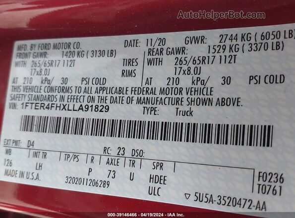1FTER4FHXLLA91829 2020 FORD RANG Red ძრავის განყოფილების ხედი