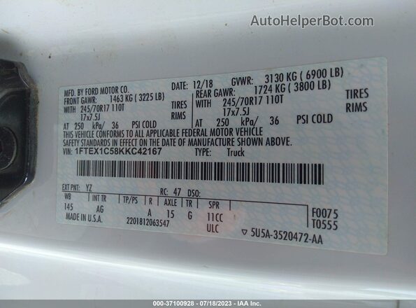 1FTEX1C58KKC42167 2019 FORD F150 Белый Вид подкапотного пространства