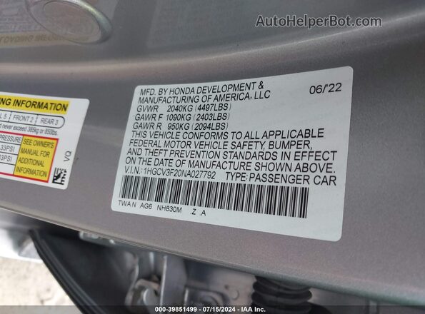 1HGCV3F20NA027792 2022 HONDA ACCORD Silver ძრავის განყოფილების ხედი