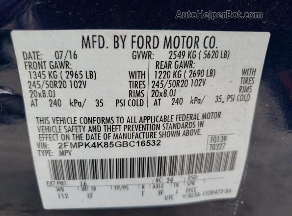 2FMPK4K85GBC16532 2016 FORD EDGE Blue Widok naklejki z numerem VIN
