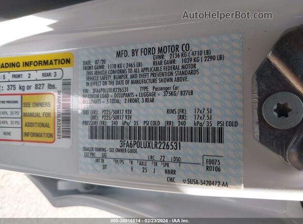 3FA6P0LUXLR226531 2020 FORD FUSION White Engine compartment view