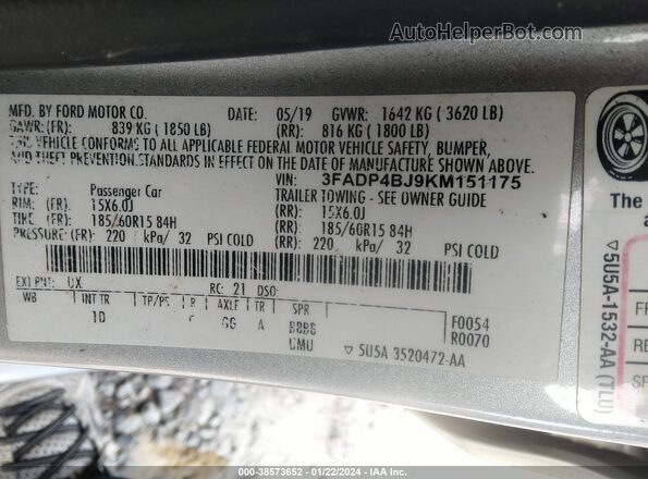 3FADP4BJ9KM151175 2019 FORD FIESTA Silver Widok komory silnika