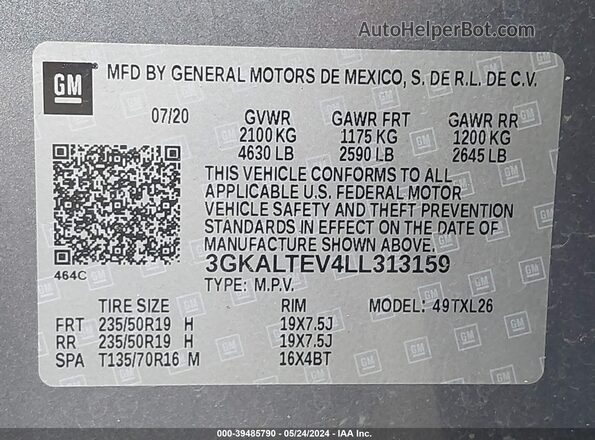 3GKALTEV4LL313159 2020 GMC TERRAIN Gray Vista del compartimento del motor