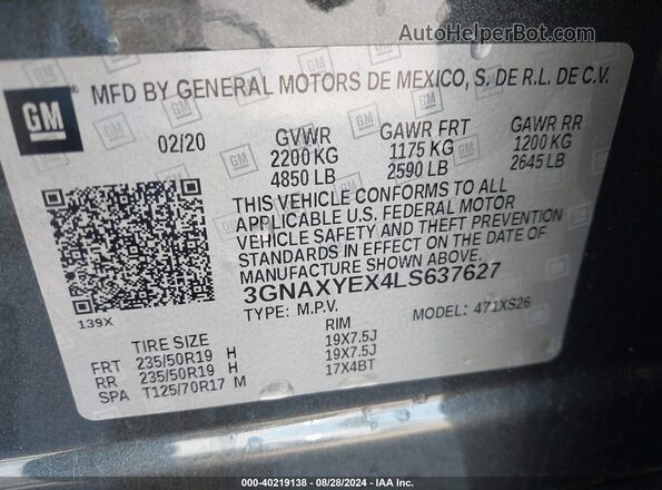 3GNAXYEX4LS637627 2020 CHEVROLET EQUINOX Gray Engine compartment view
