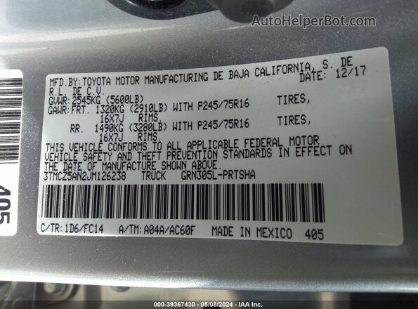 3TMCZ5AN2JM126238 2018 TOYOTA TACOMA Silver Շարժիչի բաժամունքի տեսք