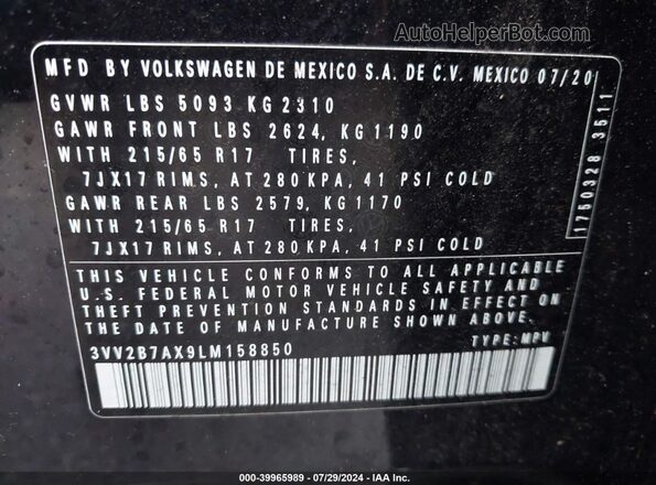 3VV2B7AX9LM158850 2020 VOLKSWAGEN TIGUAN Black 
