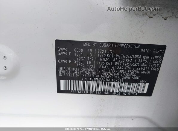 4S4WMAPD5M3457593 2021 SUBARU ASCENT White Vista del compartimento del motor