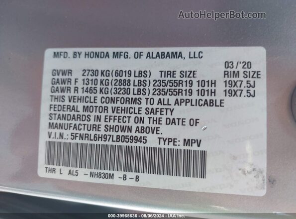 5FNRL6H97LB059945 2020 HONDA ODYSSEY Silver Widok komory silnika
