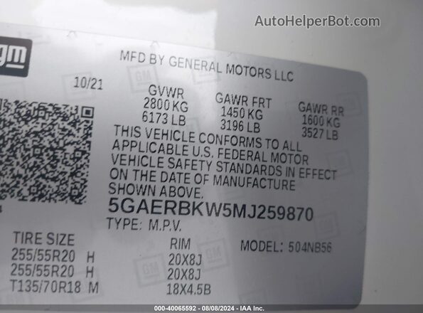 5GAERBKW5MJ259870 2021 BUICK ENCLAVE White Engine compartment view