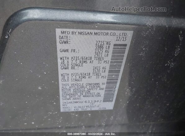 5N1AR2MM5GC611942 2016 NISSAN PATHFINDER Gray Engine compartment view