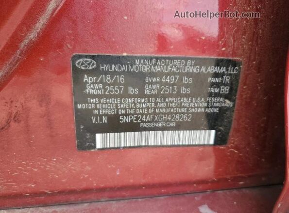 5NPE24AFXGH428262 2016 HYUNDAI SONATA Red ძრავის განყოფილების ხედი
