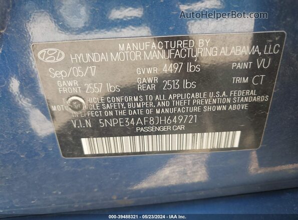 5NPE34AF8JH649721 2018 HYUNDAI SONATA Blue Vista del compartimento del motor