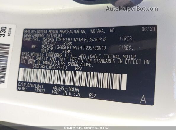 5TDESKFCXMS027643 2021 TOYOTA SIENNA White Вид підкапотного простору