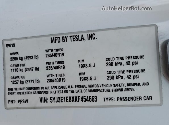 5YJ3E1EBXKF454663 2019 TESLA MODEL White 