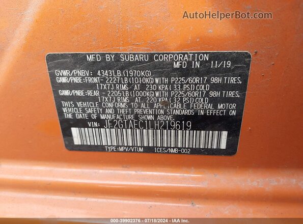 JF2GTAEC1LH219619 2020 SUBARU CROSSTREK Orange ძრავის განყოფილების ხედი