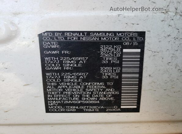 KNMAT2MV6GP593894 2016 NISSAN ROGUE White 