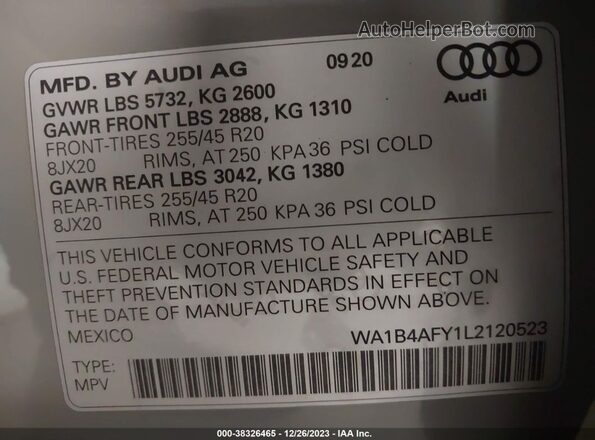 WA1B4AFY1L2120523 2020 AUDI SQ5 Gray Widok komory silnika