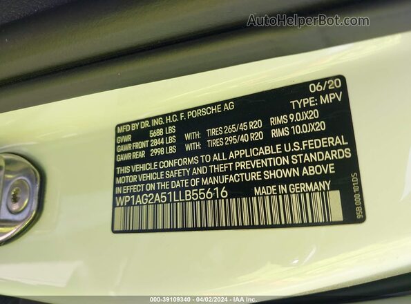 WP1AG2A51LLB55616 2020 PORSCHE MACAN White ძრავის განყოფილების ხედი
