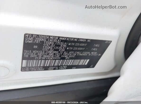 2T3P1RFVXLW106930 2020 TOYOTA LE White ძრავის განყოფილების ხედი