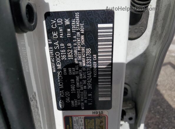 3KPA24AD7LE331788 2020 KIA RIO White Vista del compartimento del motor