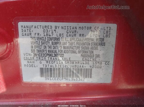 3N1CE2CP9KL365322 2019 NISSAN VERSA NOTE Red Engine compartment view