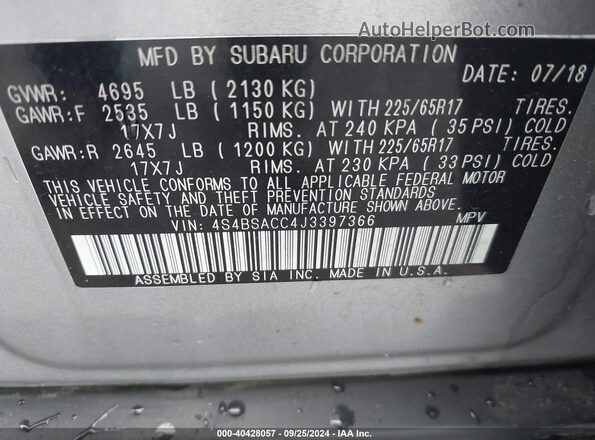 4S4BSACC4J3397366 2018 SUBARU OUTBACK Silver Engine compartment view