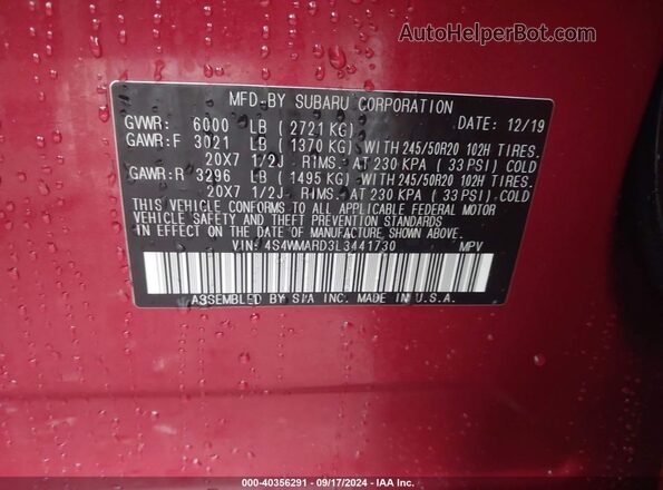 4S4WMARD3L3441730 2020 SUBARU ASCENT Red Вид підкапотного простору