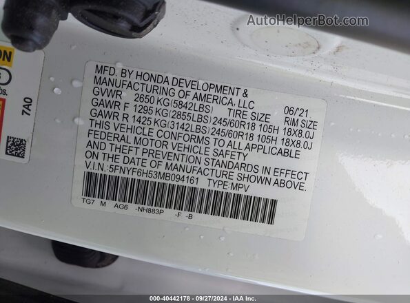5FNYF6H53MB094161 2021 HONDA PILOT White Widok komory silnika