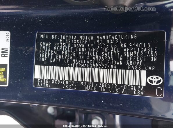 5YFEPMAEXMP227484 2021 TOYOTA LL Dark Blue Вид підкапотного простору