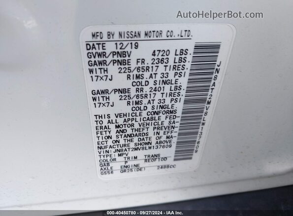 JN8AT2MV8LW137609 2020 NISSAN ROGUE White Շարժիչի բաժամունքի տեսք