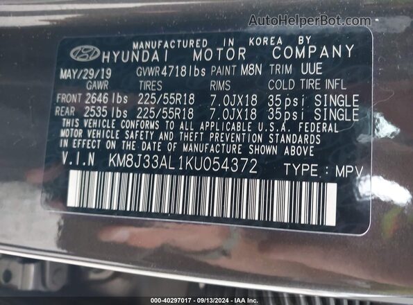 KM8J33AL1KU054372 2019 HYUNDAI TUCSON Gray Engine compartment view