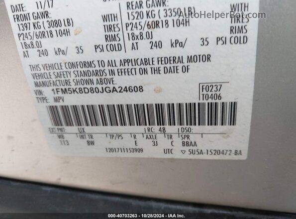 1FM5K8D80JGA24608 2018 FORD FORD EXPLORER Silver Vista del compartimento del motor