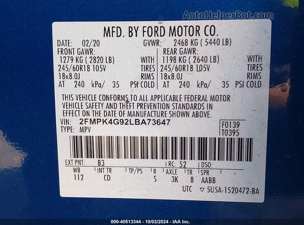 2FMPK4G92LBA73647 2020 FORD EDGE Blue Engine compartment view