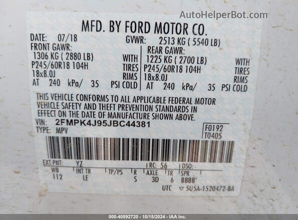 2FMPK4J95JBC44381 2018 FORD EDGE White Շարժիչի բաժամունքի տեսք