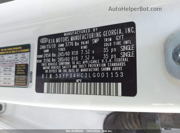 5XYP34HC3LG001153 2020 KIA TELLURIDE White Вид підкапотного простору