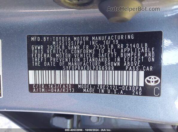 5YFDPRAE0LP066988 2020 TOYOTA LL Light Blue Engine compartment view