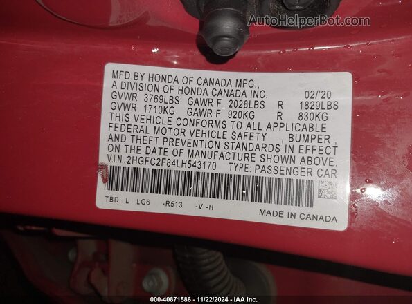 2HGFC2F84LH543170 2020 HONDA CIVIC Красный Вид подкапотного пространства