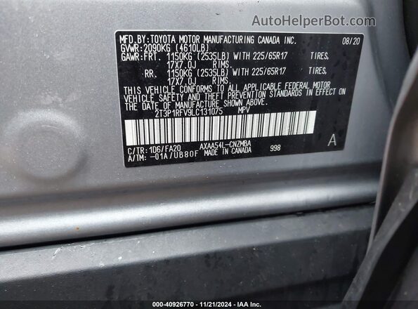 2T3P1RFV9LC131075 2020 TOYOTA LE Silver Vista del compartimento del motor
