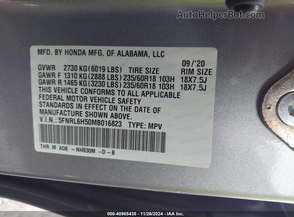 5FNRL6H50MB016823 2021 HONDA ODYSSEY Gray 