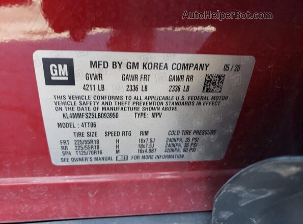 KL4MMFS25LB093950 2020 BUICK ENCORE Red VIN կոդի պիտակի տեսք