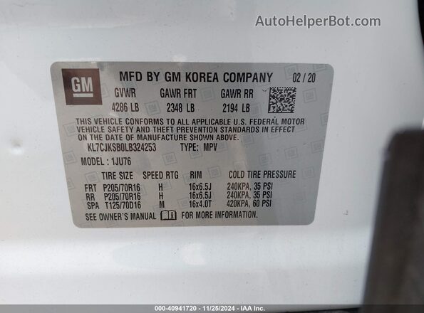 KL7CJKSB0LB324253 2020 CHEVROLET TRAX White Vista del compartimento del motor