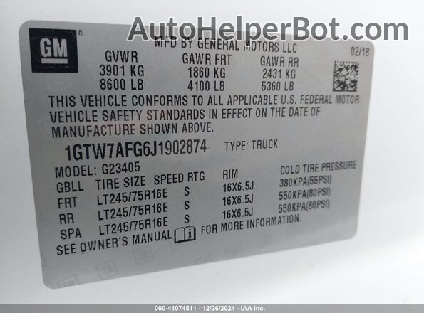1GTW7AFG6J1902874 2018 GMC SAVANA 2500 White VIN կոդի պիտակի տեսք