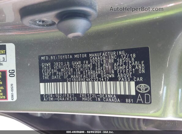 2T1BURHE4KC221417 2019 TOYOTA LL Серый Вид подкапотного пространства