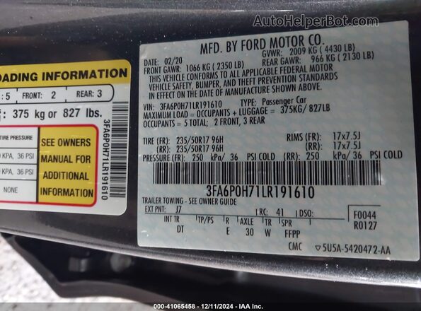 3FA6P0H71LR191610 2020 FORD FUSION Gray Вид підкапотного простору